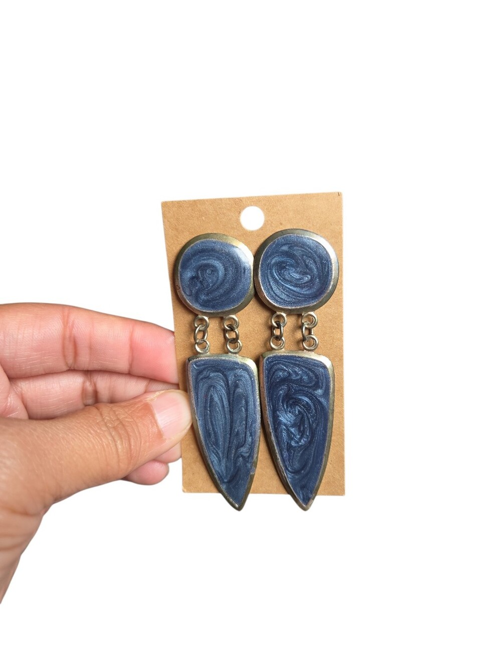 Vintage Silver Toned Handmade Swirl Drop Earrings in Shimmery Navy 3.25"